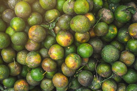 background with green oranges. Tropical fresh ripe fruits on the counter in market close-up