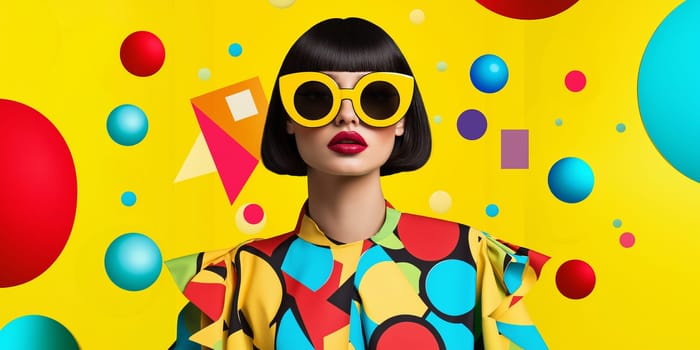 A model showcases vibrant fashion with geometric patterns while wearing oversized sunglasses. The striking yellow backdrop features colorful shapes, enhancing the playful atmosphere of the setting.