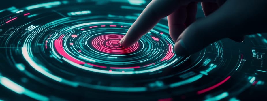 A hand touches a futuristic digital interface emitting bright colors and patterns.