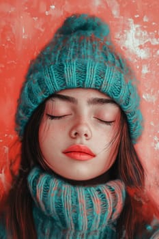 A young girl with closed eyes relaxes while wearing a cozy teal knitted hat and a matching scarf. The bold red background enhances her peaceful expression, creating a striking visual contrast.