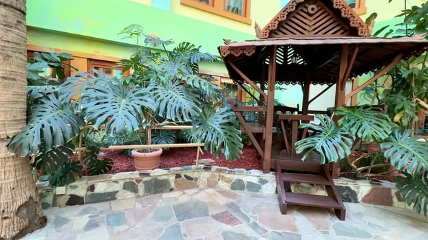 A tranquil indoor space with a wooden gazebo surrounded by lush tropical plants, enhancing its inviting vibe