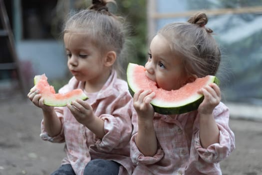 Little caucasian twins girls eating watermelon. Children sisters sitting together. Family time