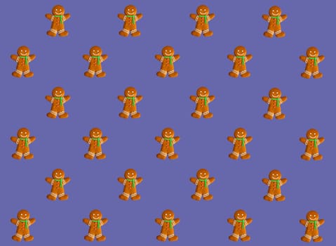 Christmas cookies pattern. Green seamless background. Winter holidays dessert ornament. Gingerbread man collection creative arrangement.