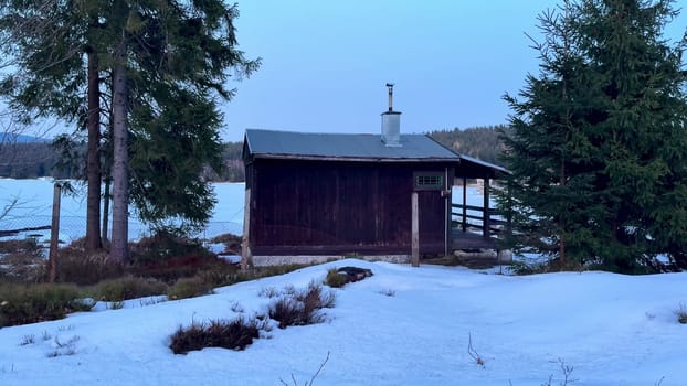 A peaceful winter cabin scene with falling snow, tall trees, and a serene view of the nearby frozen lake