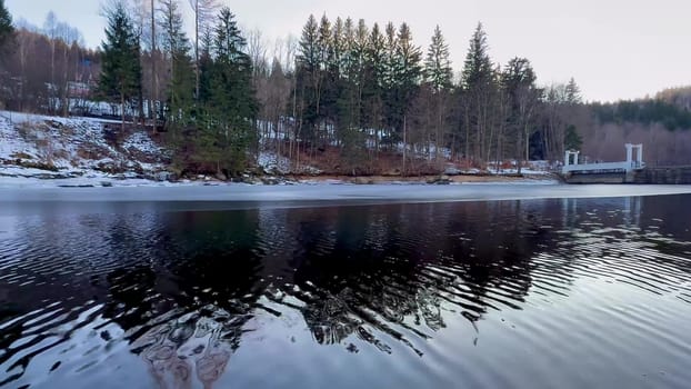 A serene and tranquil winter scene showcasing beautiful snowy trees alongside a calm, reflective lake