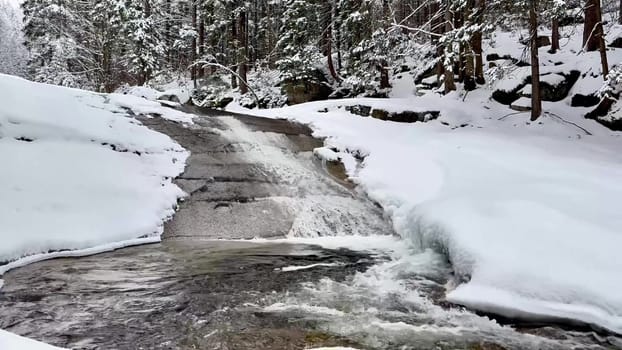 A stunning winter scene features a serene river amid snowy landscapes and evergreen trees, creating beauty