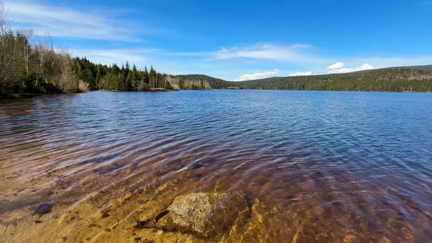 A beautiful, tranquil lake scene showcasing shimmering water, lush green trees, and a bright blue sky above