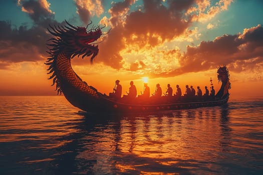 Dragon boat on calm waters during sunset with a boat crew paddling in rhythm. The sky's vibrant colors create a dramatic backdrop, emphasizing the boat's intricate dragon design.