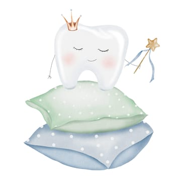 Baby tooth watercolor. Cute cartoon molar with crown on the pillow on isolated white background. Dental clip art. Tooth Fairy. Ideal for cards and invitations to the party baby's first tooth, kawaii posters in the doctor's office. High quality illustration