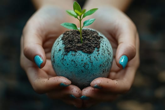 Hands cradle a globe with soil and a sprouting plant, symbolizing nurturing growth, environmental care, and sustainability. Emphasizes the connection between humanity and nature.