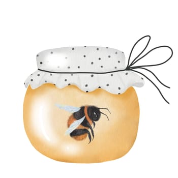 Jar with honey watercolor. Hand drawn dessert on white background. Ideal for tags and labels of organic farm honey. High quality illustration