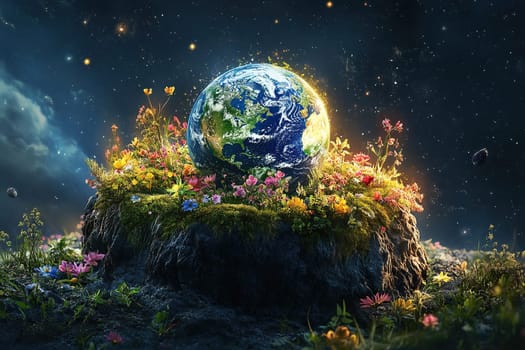 Earth floats in space, surrounded by vibrant flowers on rocky terrain, symbolizing harmony between nature and the cosmos. Stars and galaxies illuminate the scene.