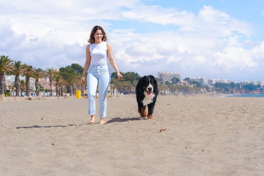 Young woman walking with a Bernese Mountain Dog on a sunny sandy beach with palm trees. Relaxing moment under a blue sky, perfect day for a walk by the sea, casual and natural scene.