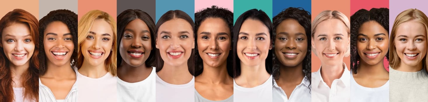 Cheerful women various nationalities and ages posing on colorful studio backgrounds, collage for feminine beauty concept, panorama. Attractive multiracial females smiling at camera, set of portraits