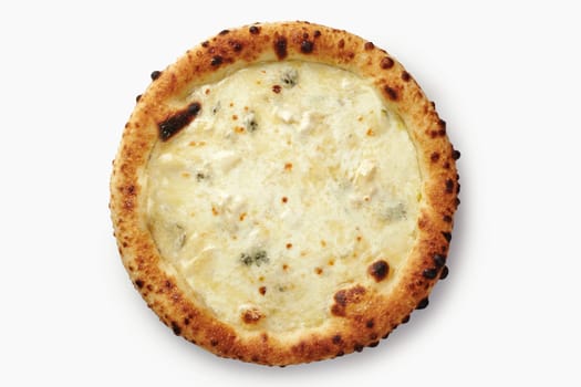 Delicious four cheese pizza baking on white background with blistered crust
