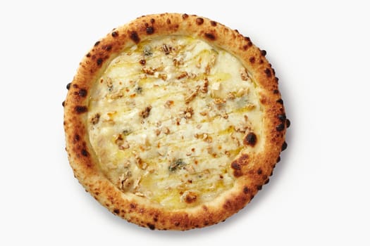 Top view of four cheese pizza with walnuts, showing the delicious combination of melted cheese and crunchy nuts