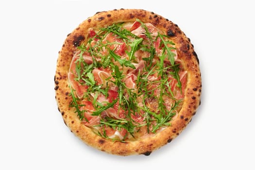 Round pizza with parma ham, arugula and parmesan cheese isolated on white background, top view