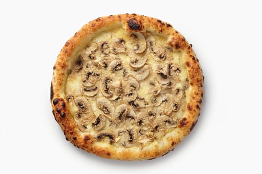Top view of freshly baked pizza with sliced mushrooms, melted cheese and crispy crust, isolated on white background