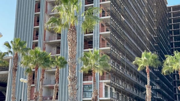 The construction of a sleek, modern highrise building is underway, surrounded by tall palm trees in an urban setting