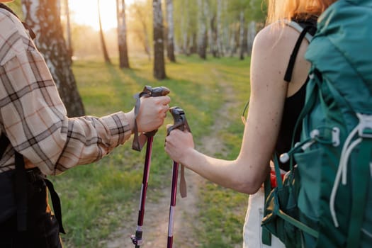 Close-up of two hikers giving a fist bump with trekking poles in forest at sunset, teamwork and adventure concept.