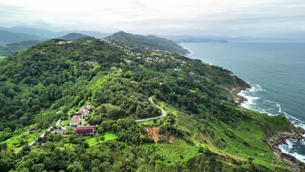 A stunning aerial view showcasing green hillsides meeting the ocean shore, perfect for nature lovers.
