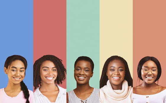 Collage of beautiful smiling black ladies over colorful studio backgrounds, african beauty concept