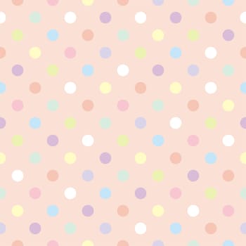 Colorful vector tile background with polka dots on baby pink background - retro seamless pattern or texture for desktop wallpaper, blog, www, scrapbooks, party or baby shower invitations, wedding cards.
