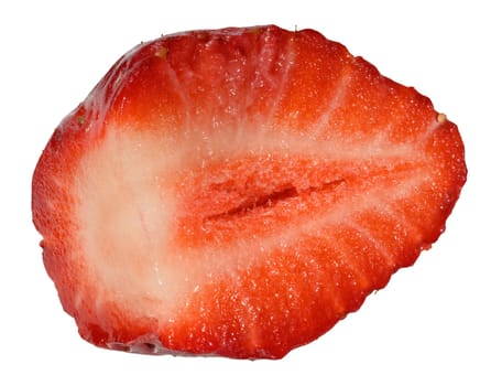Red strawberry cut in half, revealing its vibrant interior and seeds, isolated background, close up