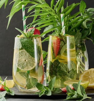 A refreshing drink in a glass with lemon slices, strawberries, fresh mint leaves, and sparkling water