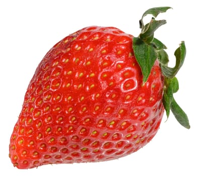 A single, red ripe strawberry with small yellow seeds and fresh green leaves, isolated background