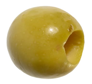 Single, smooth, pitted green olive, isolated background. The olive has a characteristic oval shape with a hole where the pit was removed.