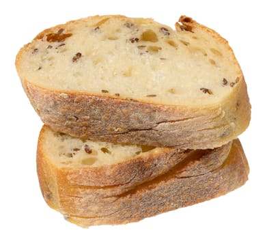 Two slices of rustic ciabatta bread with visible air pockets and scattered flax seeds, isolated background