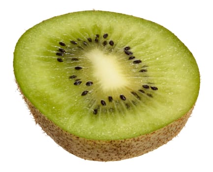 Slice kiwi fruit, isolated background. The vibrant green flesh with black seeds and fuzzy brown skin 