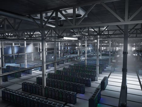 Server cabinets gear in low light data center storing training sets used in AI development and analytics. Rackmount infrastructure delivering scalable computing, 3D rendering