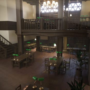 Traditional academic library with reading desks, green lamps and mezzanine with bookshelves. Formal study environment with ornate lighting, polished wood floors and books on shelves