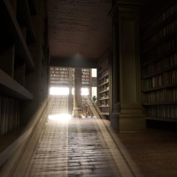 Narrow university library aisle with tall shelves, wooden flooring and bright sunlight shining through windows. Dark reading corner with empty desk creating calm space for studying