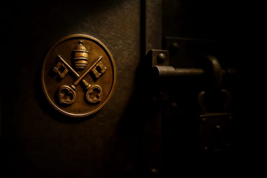Bronze Vatican emblem with papal tiara and crossed keys engraved on a reinforced door, evoking secrecy, security and conclave tradition