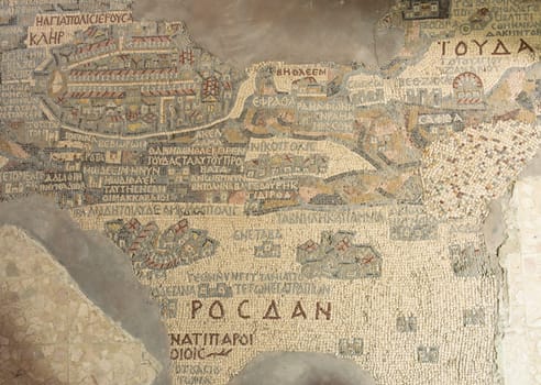 Madaba Mosaic map on floor of Saint George church is 5th Century cartographic map showing Jerusalem in top left