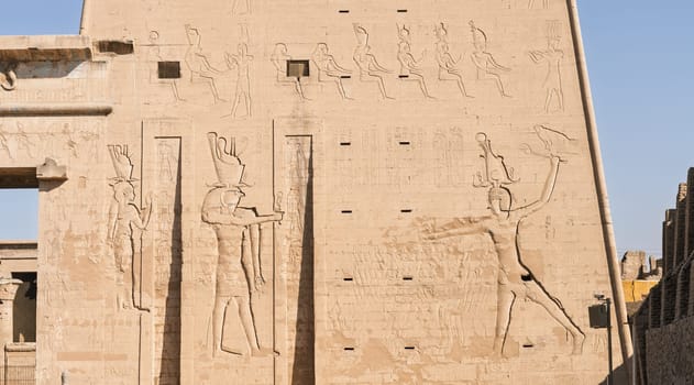 Detail of the carved images on the entrance of the massive temple in Edfu dedicated to Horus and Hathor