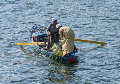 Two men in small wooden fishing boat with fish caught in their net from the river Nile