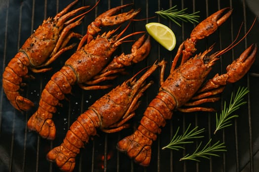 AI generated top view of premium whole lobsters grilled over charcoal, perfectly cooked with smoky aroma and succulent meat. Seasoned with salt and black pepper, garnished with fresh rosemary.