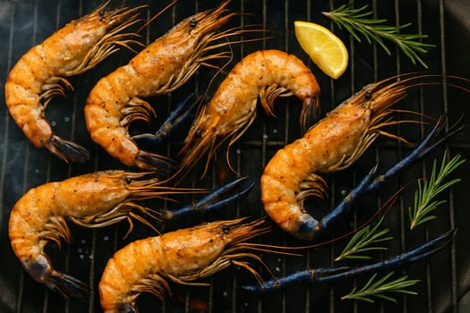AI generated top view of premium giant river prawns grilled over charcoal, perfectly cooked with smoky aroma and juicy texture. Seasoned with salt and black pepper, garnished with fresh rosemary.
