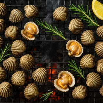 AI generated top view of fresh blood cockles grilled over charcoal, some shells open revealing juicy meat inside. Perfectly cooked with smoky aroma, seasoned with salt and black pepper, garnished.