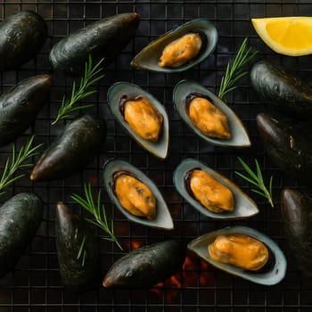 AI generated top view of fresh mussels grilled over charcoal, some shells open revealing plump meat inside. Perfectly cooked with smoky aroma, seasoned with salt and black pepper, garnished.