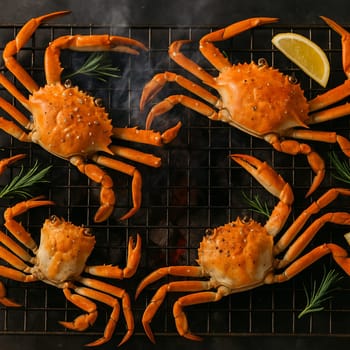 AI generated top view of premium snow crab grilled over charcoal, perfectly cooked with light smoky aroma and sweet tender meat. Seasoned with salt and black pepper, garnished with fresh rosemary.