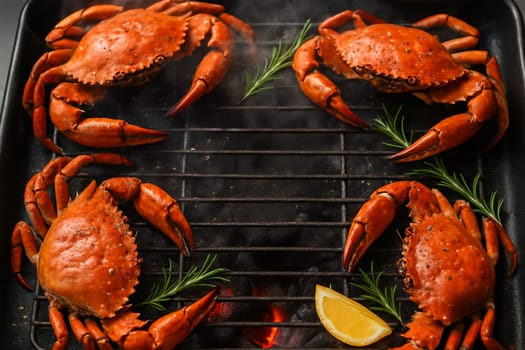 AI generated top view of fresh whole blue crabs grilled over charcoal, perfectly cooked with smoky aroma and juicy meat. Seasoned with salt and black pepper, garnished with rosemary sprigs and lemon.