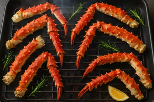 AI generated top view of premium Alaska king crab grilled over charcoal, perfectly cooked with smoky aroma and succulent meat. Seasoned with salt and black pepper, garnished with rosemary sprigs.