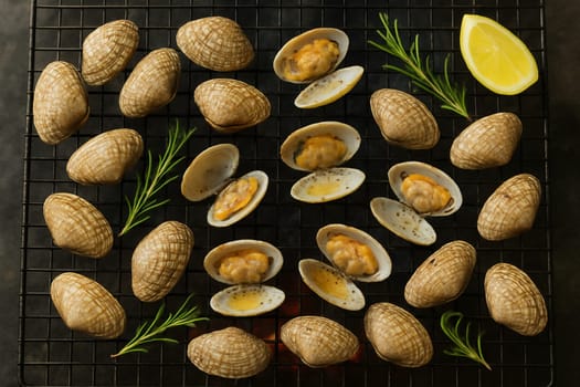 AI generated top view of fresh striped clams grilled over charcoal, some shells open revealing succulent meat inside. Perfectly cooked with smoky aroma, seasoned with salt and black pepper, garnished.