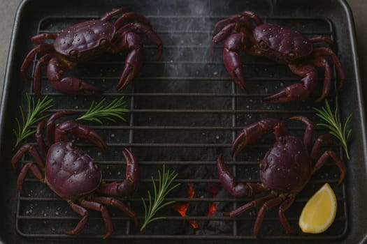 AI generated top view of fresh mangrove crabs grilled over charcoal, perfectly cooked with smoky aroma and rich tomalley. Seasoned with salt and black pepper, garnished with rosemary and lemon slices.