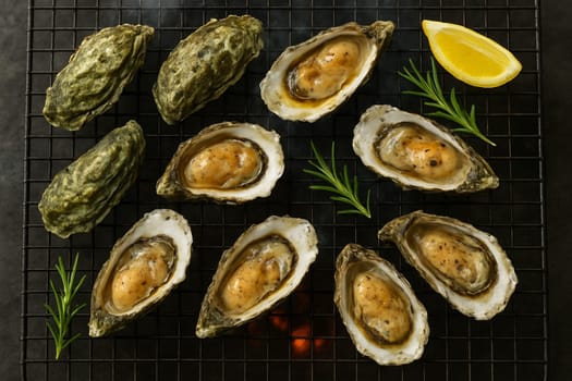 AI generated top view of fresh oysters grilled over charcoal, some shells open revealing plump juicy meat inside. Perfectly cooked with smoky aroma, seasoned with salt and black pepper, garnished.